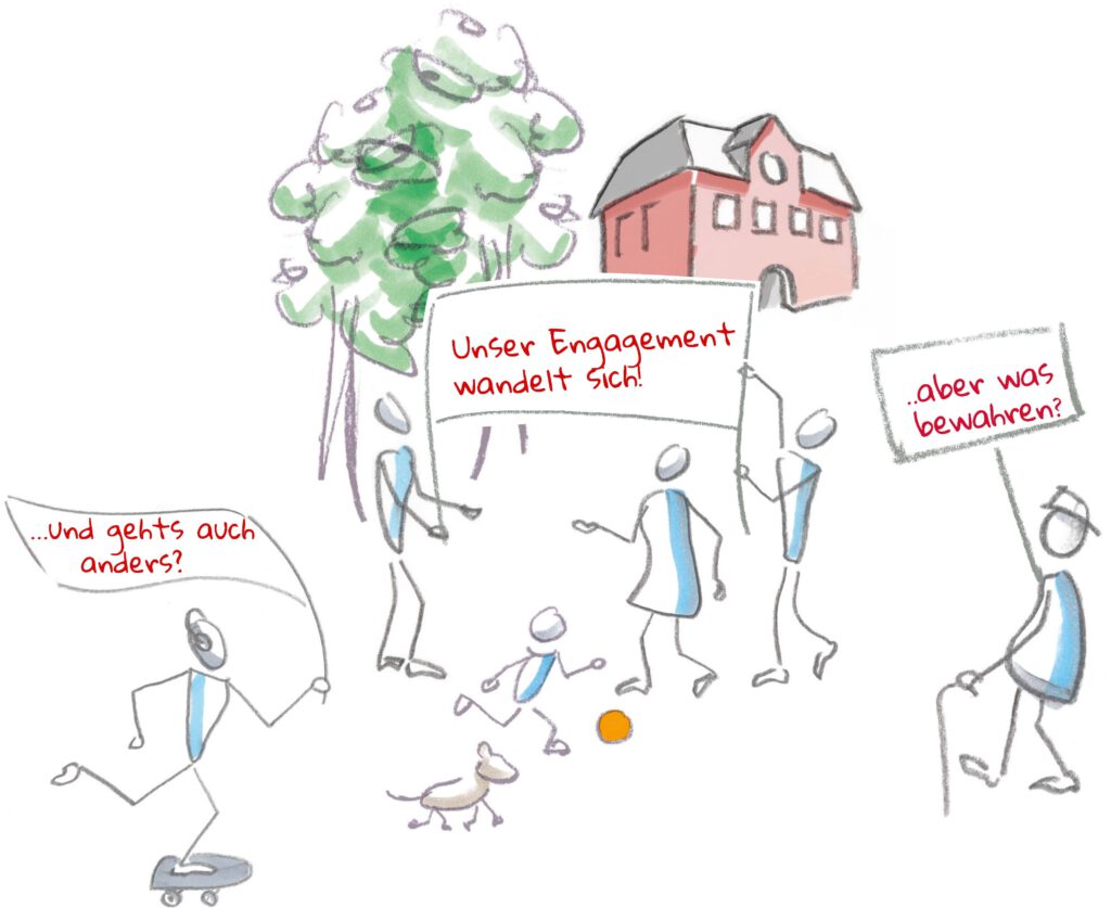 mehrere gezeichnete Figuren zeigen auf Transparenten, was sie im Engagement gerne ändern würden