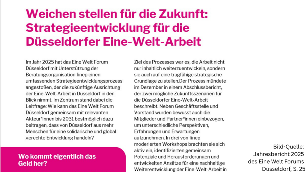 Ausschnitt aus dem Jahresbericht 2025 des Eine Welt Forums, erläutert das Vorhaben der gemeinsamen Arbeit